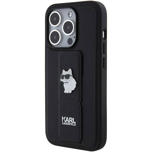 Karl Lagerfeld Gripstand Saffiano Choupette Pins Hülle für iPhone 15 Pro Max – Schwarz