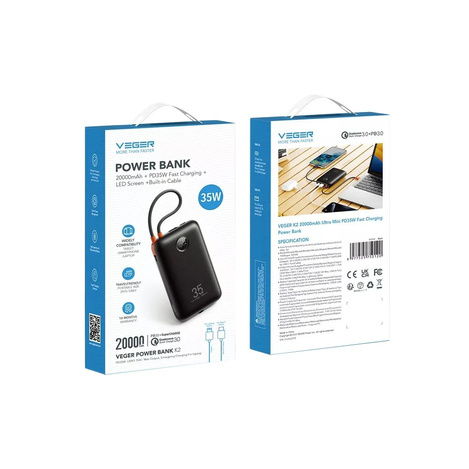 VEGER powerbank 20000 mAh z wbudowanymi kablami Typ C / Lightning PD QC3.0 35W K2 (W2068) czarny