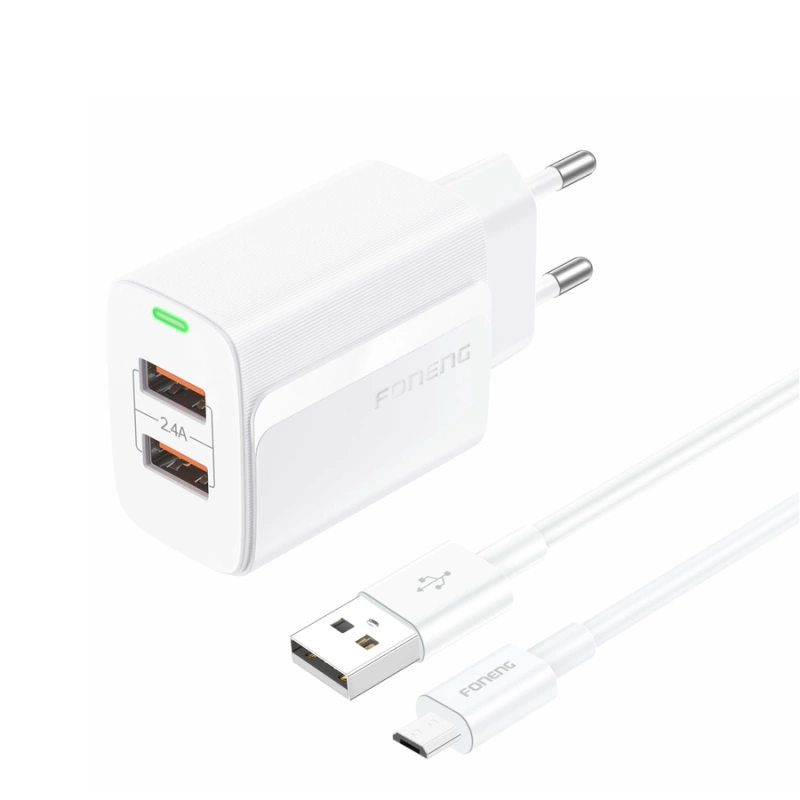 FONENG wall charger EU63 2.4A 12W 2xUSB + cable Micro White