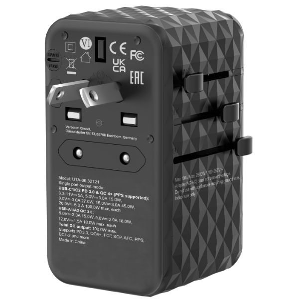 Verbatim Adapter podróżny EU/UK/US GaN 2xUSB-A/2xUSB-C PD 100W UTA-06 czarny/black 32121