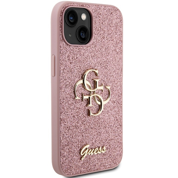 Guess Glitter Script Big 4G Hülle für iPhone 15 – Rosa