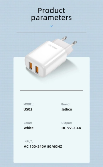 JELLICO ładowarka sieciowa EU02 2.4A 12W 2xUSB Biały