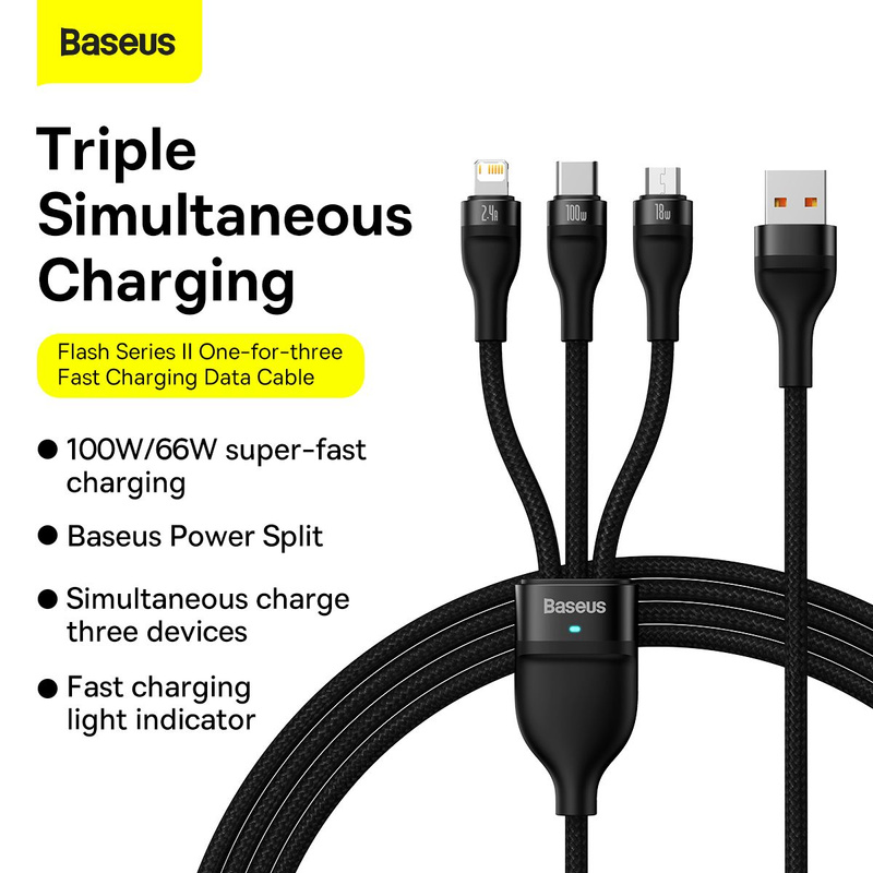 Baseus Flash Series Ⅱ One-for-three Fast Charging Data Cable USB to M+L+C 100W 1.2m Black