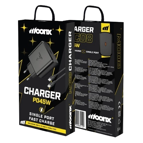 MOONX wall charger MC08 PD 45W 1xUSB-C + cable USB-C - USB-C Black