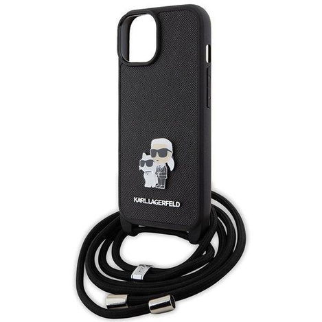 Karl Lagerfeld Crossbody Saffiano Metal Pin Karl &amp; Choupette Hülle für iPhone 15 Plus – Schwarz