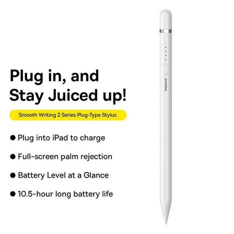 Rysik z aktywną końcówką Baseus Smooth Writing 2 do iPad + kabel USB-A - Lightning i wymienna końcówka - biały