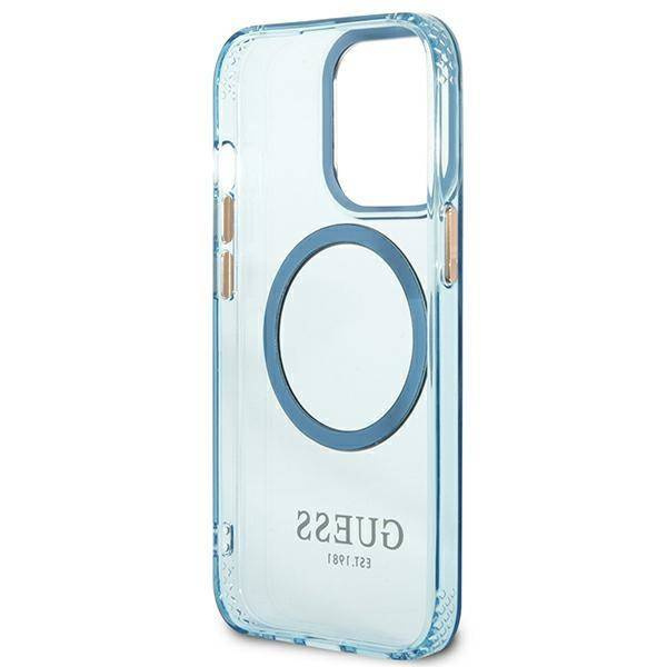Original Handyhülle IPHONE 13 PRO Guess Hard Case Gold Outline Translucent MagSafe (GUHMP13LHTCMB) blau
