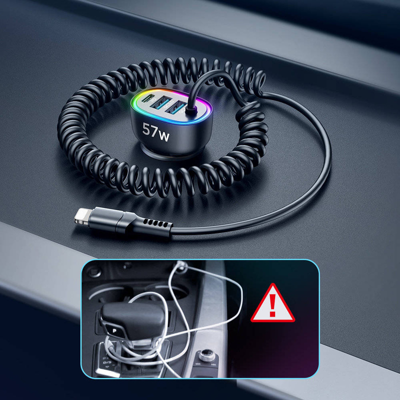 Joyroom 4-in-1-Auto-Schnellladegerät PD, QC3.0, AFC, FCP mit 1,6 m langem 57-W- Lightning -Kabel, schwarz (JR-CL20)