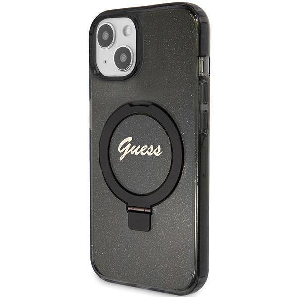 Guess Ring Stand Script Glitter MagSafe Case for iPhone 15 Plus / 14 Plus - Black