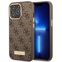 Original Handyhülle IPHONE 14 PRO Guess Hard Case 4G Logo Plate MagSafe (GUHMP14LU4GPRW) braun