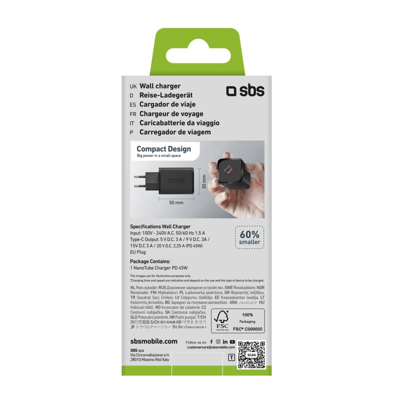 SBS TETRGAN1C45W 45-W-GaN-USB-C-Wandladegerät mit Power Delivery – Schwarz