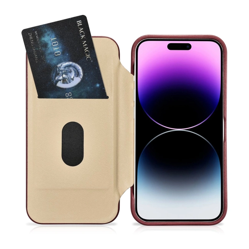 iCarer CE Premium Leather Folio Case skórzane etui iPhone 14 Pro z klapką magnetyczne MagSafe czerwony (WMI14220714-RD)