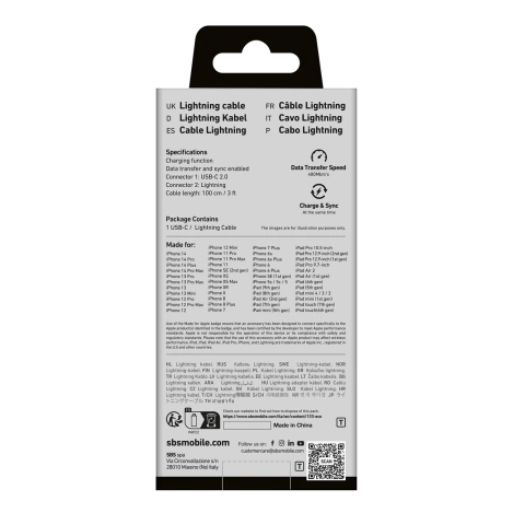 SBS TECABLELIGTC1W USB-C - Lightning Cable MFi Certified, 1m - White