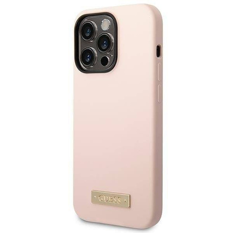 Original Handyhülle IPHONE 14 PRO MAX Guess Hard Case Silicone Logo Plate MagSafe rosa