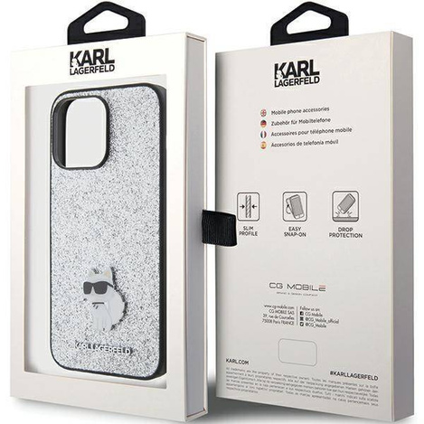Karl Lagerfeld Feste Glitzer-Choupette-Logo-Metallpin-Hülle für iPhone 15 Pro Max – Silber