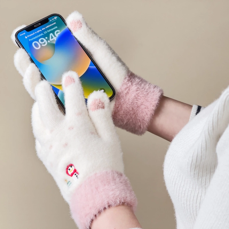 Winter-Telefonhandschuhe für Damen mit einem Schneemann und einem Weihnachtsbaum – weiß und rosa