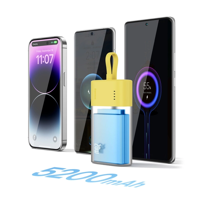 Baseus Popsicle 5200 mAh 20 W Powerbank mit integriertem Lightning Kabel (+ weißes Baseus Simple USB-C – USB-C 60 W/20 V/3 A/30 cm Kabel) – gelb-rosa
