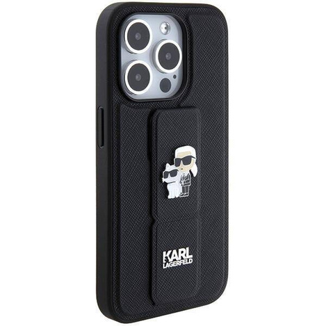 Karl Lagerfeld Gripstand Saffiano Karl&Choupette Pins Hülle für iPhone 15 Pro Max – Schwarz