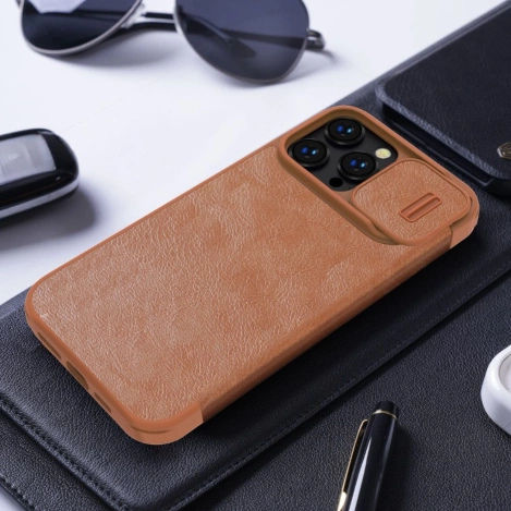 Nillkin Qin Leder Pro Hülle iPhone 14 Pro Max Kamera Cover Holster Cover Flip Case Braun
