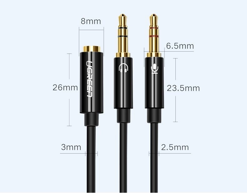 Ugreen kabel rozdzielacz AUX 3,5 mm mini jack (żeński) - 2x 3,5 mm mini jack (męski - mikrofon i słuchawki) czarny (AV140 20899)