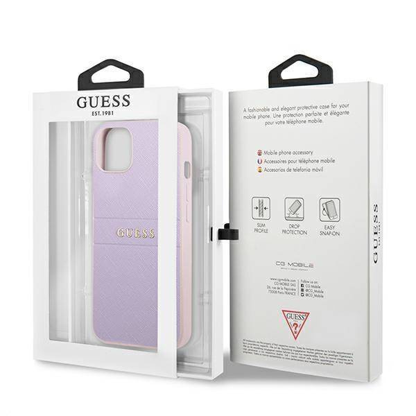 Original Handyhülle IPHONE 13 MINI Guess Saffiano Hot Stamp & Metal Logo (GUHCP13SPSASBPU) violett