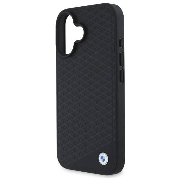 Original Handyhülle IPHONE 16 BMW Hardcase Signature Leather Diamond Metal Logo MagSafe (BMHMP16S23RDDK) schwarz