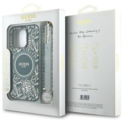 Etui Guess IML Flowers Allover Electro With Pearl Strap MagSafe na iPhone 16 Pro Max - zielone
