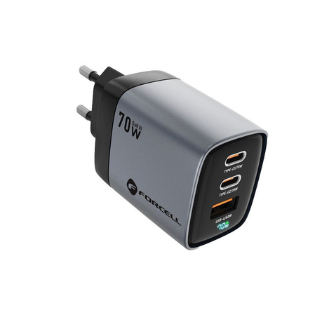 FORCELL F-ENERGY GaN III VT-37 ładowarka sieciowa z wyświetlaczem LCD 2 x Typ C + USB A PD QC4.0 SAM SFC2.0 3,45A 70W szara