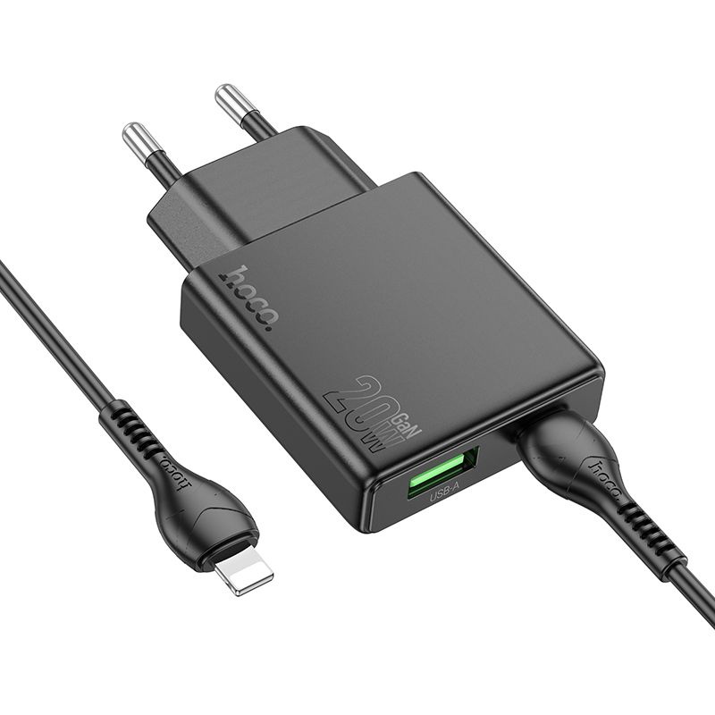 Ładowarka sieciowa do telefonu Hoco Slim USB A + USB C QC3.0 PD 3A 20W + kabel USB C do Lightning N38 czarna