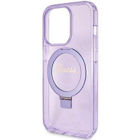 Guess Ring Stand Script Glitter MagSafe Hülle für iPhone 15 Pro – Lila