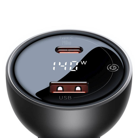 BASEUS ładowarka samochodowa Digital Display Dual USB + Typ-C 140W (z kablem Typ-C do Typ-C 240W 1m Czarny)