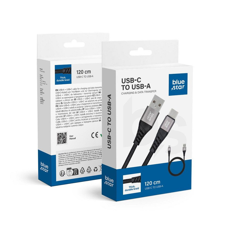 Kabel Blue Star z oplotem ze złączem USB A do USB C 3A