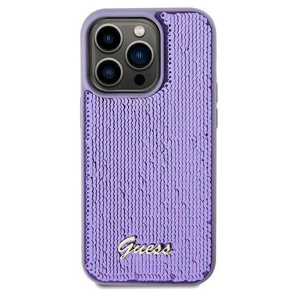 Etui Guess Sequin Script Metal na iPhone 14 Pro Max - fioletowe