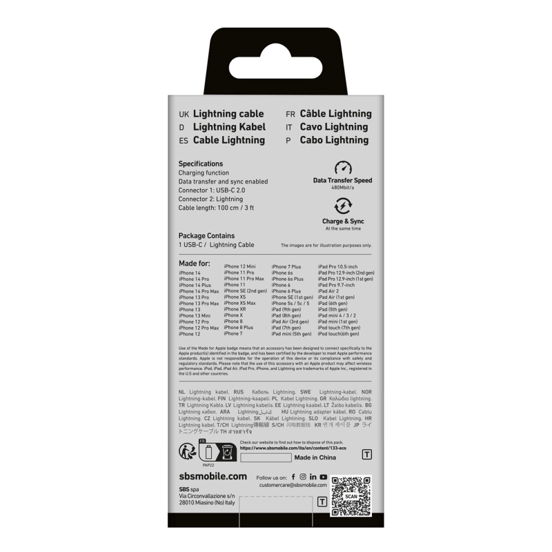 SBS TECABLELIGTC1W USB-C - Lightning Cable MFi Certified, 1m - White