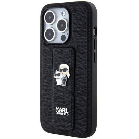 Karl Lagerfeld Gripstand Saffiano Karl&Choupette Pins Hülle für iPhone 15 Pro Max – Schwarz