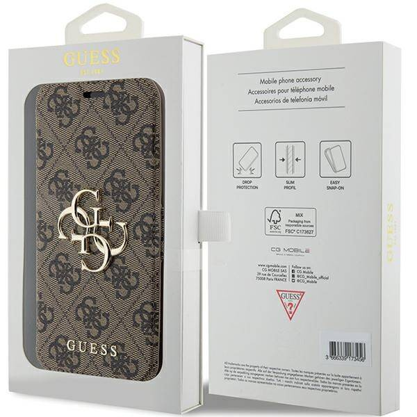 Original Handyhülle APPLE IPHONE 15 PRO Guess Book 4G Metal Gold Logo (GUBKP15L4GMGBR) braun