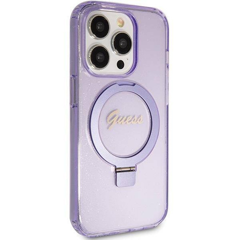 Guess Ring Stand Script Glitter MagSafe Hülle für iPhone 15 Pro – Lila