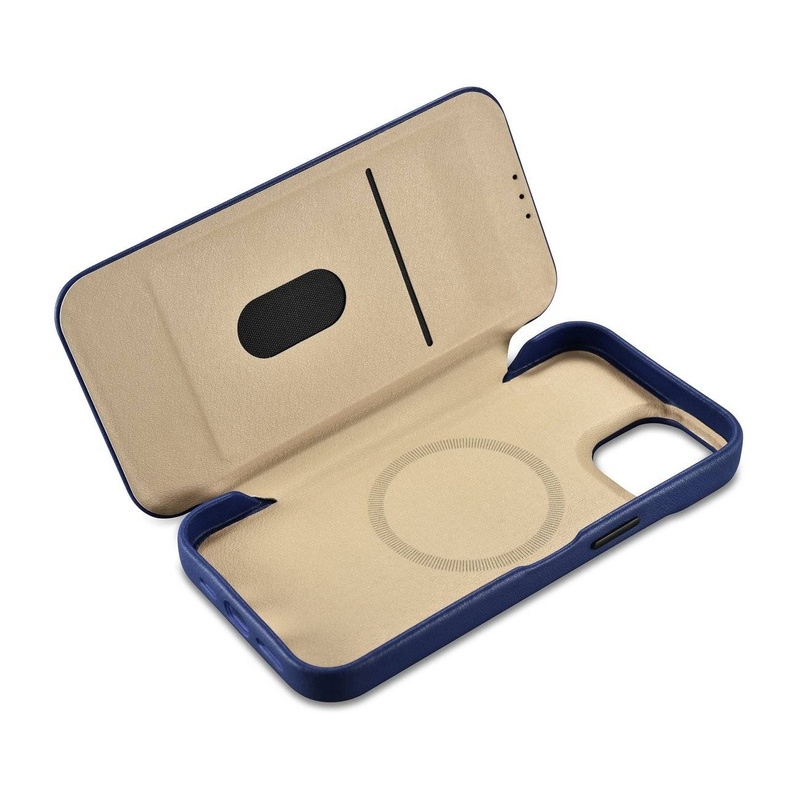 iCarer CE Premium Leather Folio Case skórzane etui iPhone 14 Plus z klapką magnetyczne MagSafe niebieski (WMI14220715-BU)
