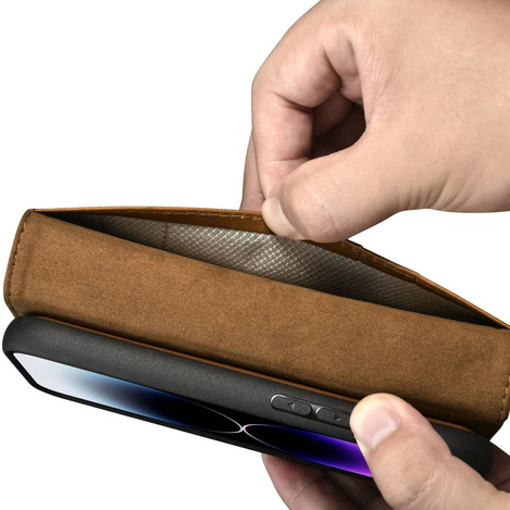 iCarer Oil Wax Wallet Case 2in1 iPhone 14 Pro Max Flip Leather Cover Anti-RFID Braun (WMI14220724-TN)