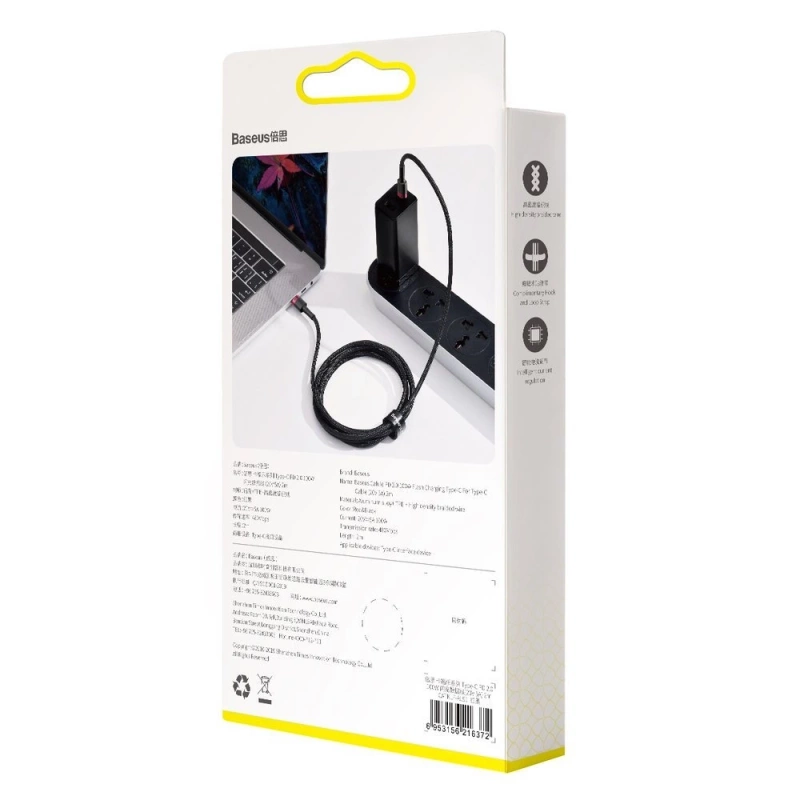 Baseus Cafule nylonowy kabel przewód USB Typ C Power Delivery 2.0 100W 20V 5A 2m czarny (CATKLF-AL91)