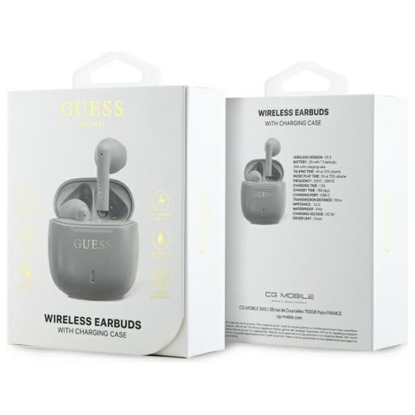 Oryginalne Słuchawki Bluetooth TWS GUESS Printed Classic Logo - GUTWSJ14ESGE + stacja dokująca szarobrązowe