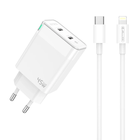 JELLICO ładowarka sieciowa C106 GaN PD 45W 2xUSB-C + kabel USB-C - Lightning Biały