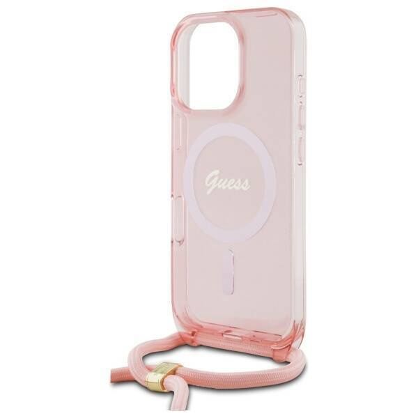 Oryginalne Etui IPHONE 16 PRO MAX Guess Hardcase Crossbody Cord Script MagSafe (GUHMP16XHCTSGNSP) różowe