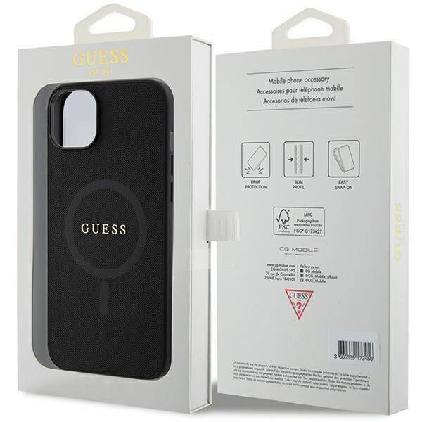 Original Handyhülle APPLE IPHONE 15 PLUS Guess Hardcase Saffiano MagSafe (GUHMP15MPSAHMCK) schwarz