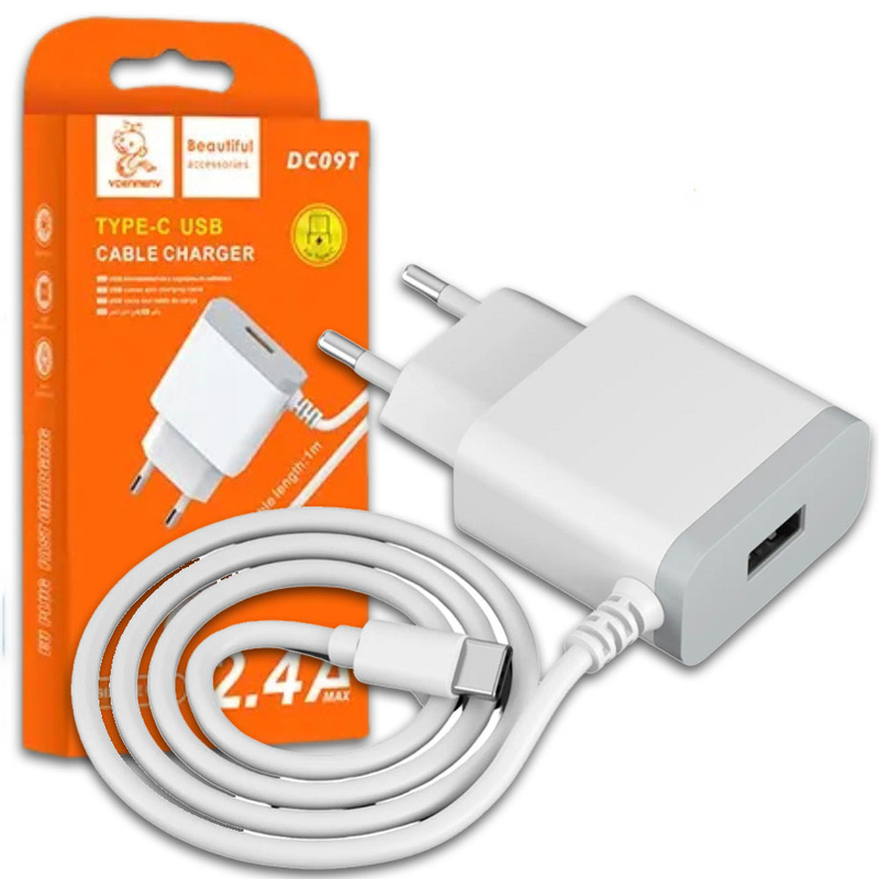 DENMEN BIAŁA ŁADOWARKA SIECIOWA USB +  KABEL TYP-C DC09T-W 2,4A