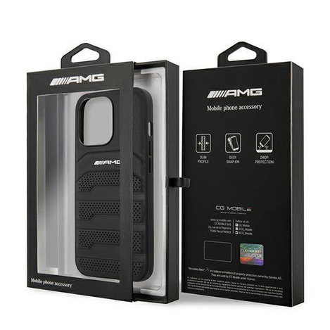 AMG nakładka do iPhone 13 6,1" AMHCP13LGSEBK czarna HC Leather Debossed Lines White Logo