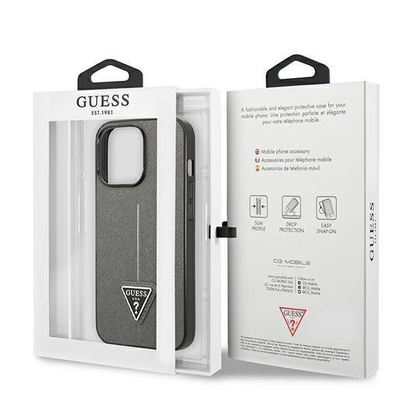 Original Handyhülle IPHONE 14 PRO Guess Hardcase Saffianotriangle Logo (GUHCP14LPSATLG) silber