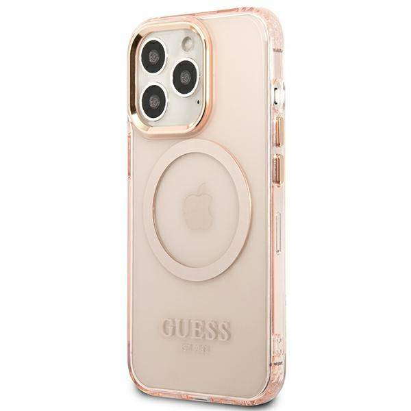 Original Case IPHONE 13 PRO MAX Guess Hard Case Gold Outline Translucent MagSafe (GUHMP13XHTCMP) pink