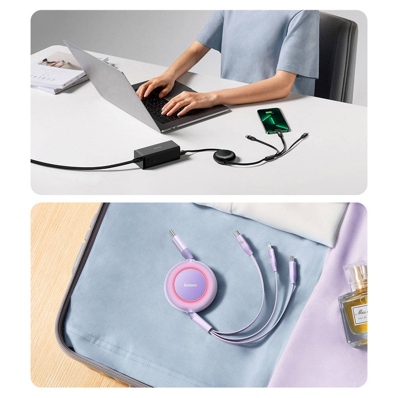 Baseus Bright Mirror 2 einziehbares Kabel 3in1 USB Type C - Micro USB + Lightning + USB Type C 3.5A 1.1m schwarz (CAMJ010201)