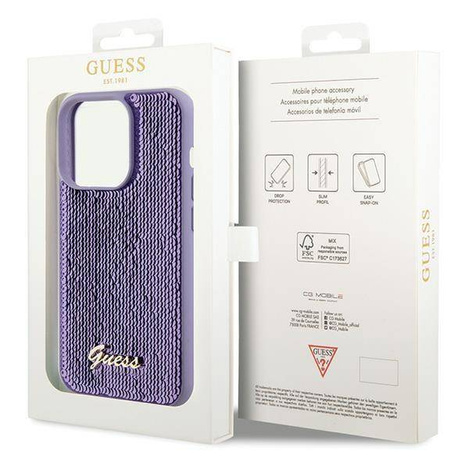 Guess Pailletten-Schriftzug-Metallgehäuse für iPhone 15 Pro Max – Lila